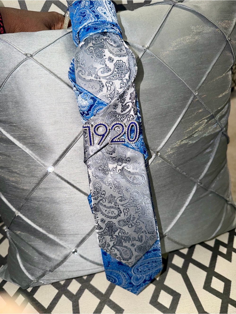 1920 Embroidered Blue and Silver Paisley Necktie Zeta Phi Beta